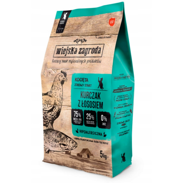 Wiejska Zagroda karma sucha dla KOCIĄT Kurczak z Łososiem 5 kg 75% mięsa