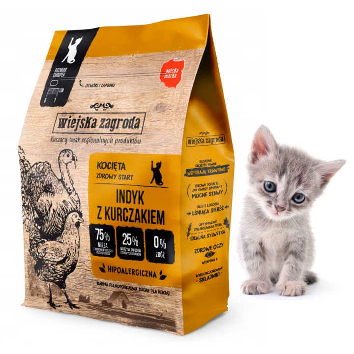 Wiejska Zagroda karma sucha dla KOCIĄT Indyk z Kurczakiem 400 g 75% mięsa