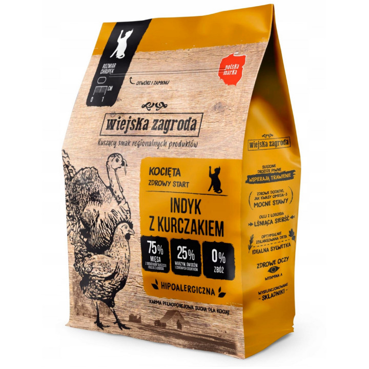 Wiejska Zagroda karma sucha dla KOCIĄT Indyk z Kurczakiem 400 g 75% mięsa