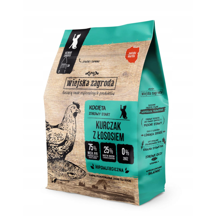 Wiejska Zagroda karma sucha dla KOCIĄT Kurczak z Łososiem 400 g 75% mięsa