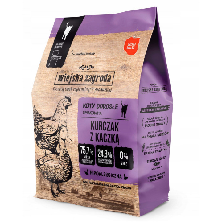 Wiejska Zagroda karma sucha dla kota KURCZAK z KACZKĄ 0,4kg 76% mięsa