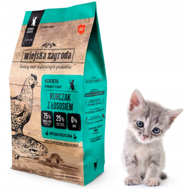 Wiejska Zagroda karma sucha dla KOCIĄT Kurczak z Łososiem 1,6 kg 75% mięsa