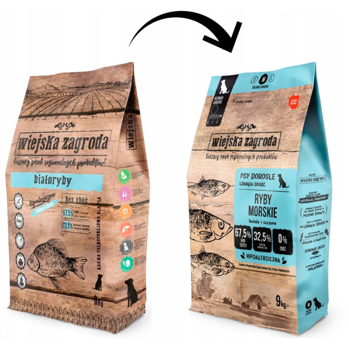 Wiejska Zagroda Sucha Karma dla Psa BIAŁORYBY Łosoś RYBY MORSKIE 9kg M