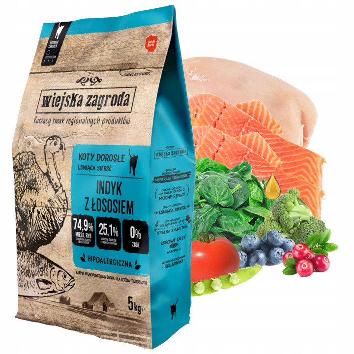 WIEJSKA ZAGRODA karma sucha dla kota dorosłego INDYK z ŁOSOSIEM 5 kg