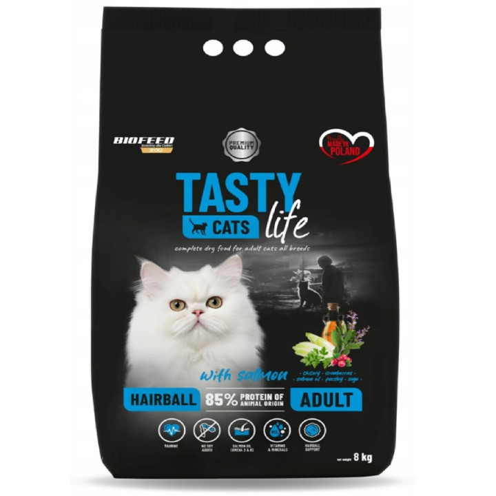 Sucha karma dla kota odkłaczająca TASTY CATS LIFE HAIRBALL z ŁOSOSIEM 8kg