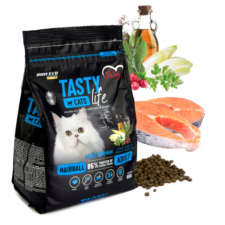 Sucha karma dla kota odkłaczająca TASTY CATS LIFE HAIRBALL z ŁOSOSIEM 600g