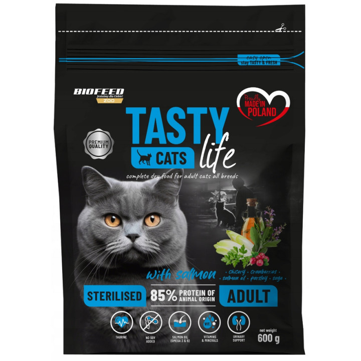 Sucha karma dla kota TASTY CATS LIFE STERILISED Salmon z ŁOSOSIEM 600g