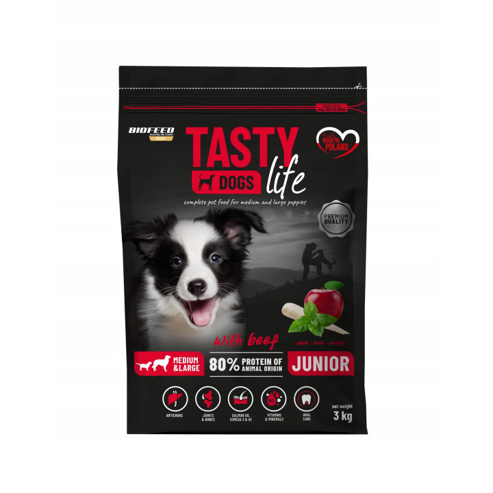 Karma dla szczeniąt średnich ras TASTY DOGS LIFE z WOŁOWINĄ JUNIOR 3kg M/L