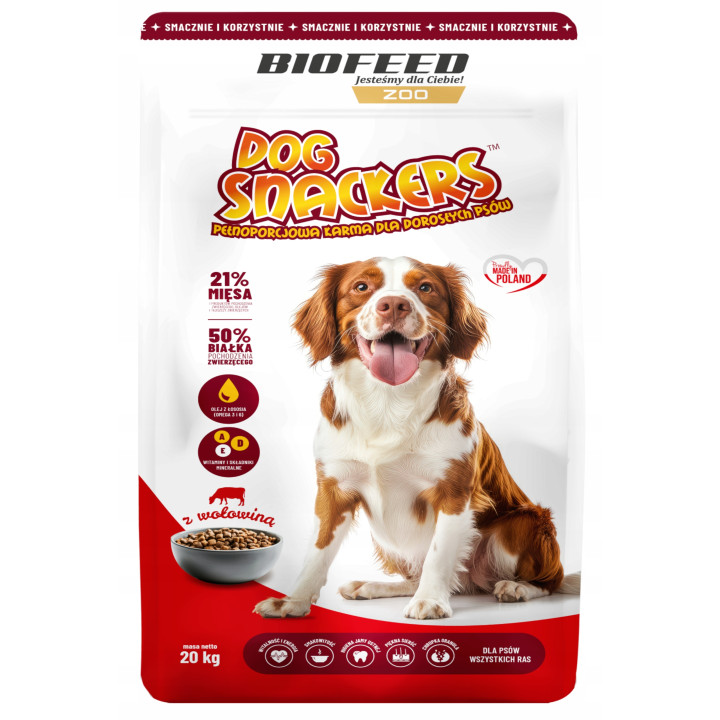 Karma dla Owczarka DOG SNACKERS ADULT Z WOŁOWINĄ 20 KG BIOFEED + PRZYSMAK