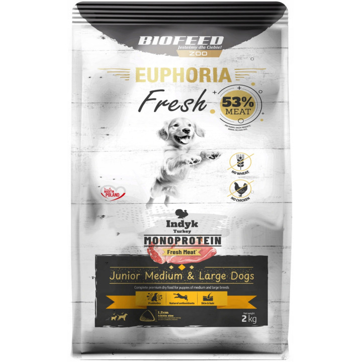 Sucha Karma EUPHORIA FRESH rasy średnie i duże MONOPROTEIN INDYK JUNIOR 2kg
