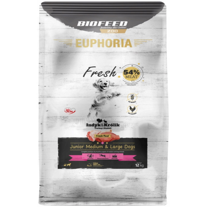 Sucha Karma EUPHORIA FRESH rasy średnie duże INDYK z KRÓLIKIEM JUNIOR 12Kg