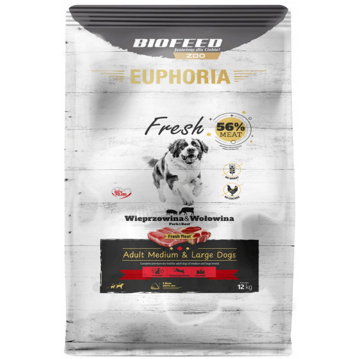 EUPHORIA FRESH MEAT Karma sucha dla psa WIEPRZOWINA z WOŁOWINĄ M/L 12kg