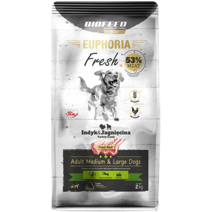 EUPHORIA FRESH MEAT Karma dla psa bezzbożowa INDYK z JAGNIĘCINĄ M/L 2kg
