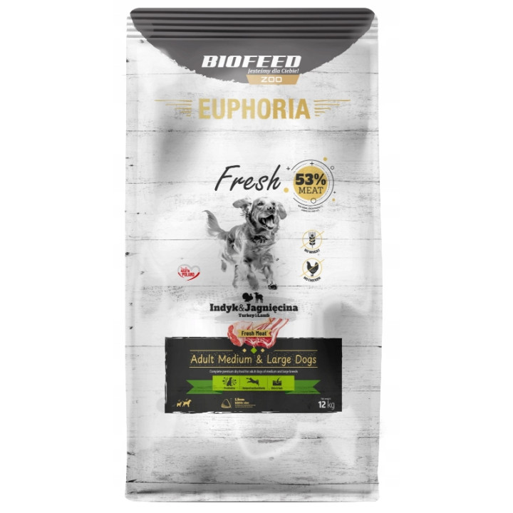 EUPHORIA FRESH MEAT Karma dla psa bezzbożowa INDYK z JAGNIĘCINĄ M/L 12kg