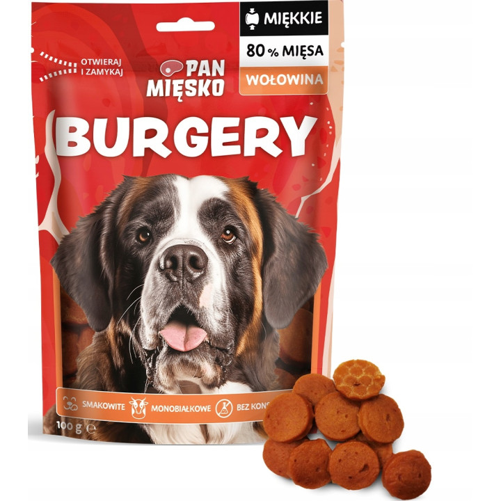 Pan Mięsko Smaczne Miekkie Mięsne przysmaki dla psa BURGERY z WOŁOWINĄ 100g
