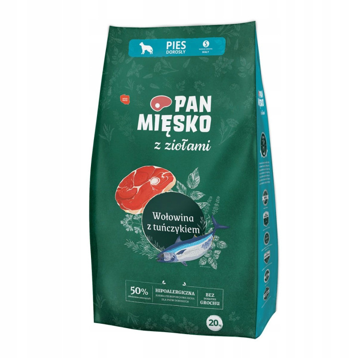 Pan Mięsko Karma dla psa z Ziołami Wołowina z Tuńczykiem chrupki S 20kg