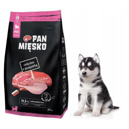 Sucha karma dla szczeniąt Pan Mięsko Cielęcina z Przepiórką chrupki L 20 kg