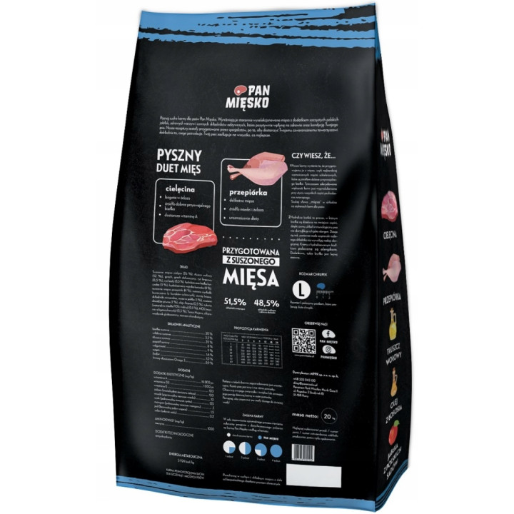 Sucha karma dla szczeniąt Pan Mięsko Cielęcina z Przepiórką chrupki L 20 kg
