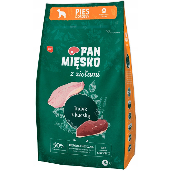 Pan Mięsko Karma sucha dla psa z Ziołami Indyk Kaczka M 3kg HIPOALERGICZNA