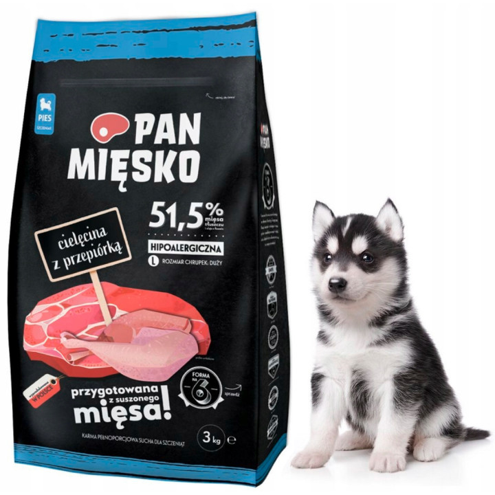 Sucha karma dla szczeniąt Pan Mięsko Cielęcina z Przepiórką chrupki L 3 kg