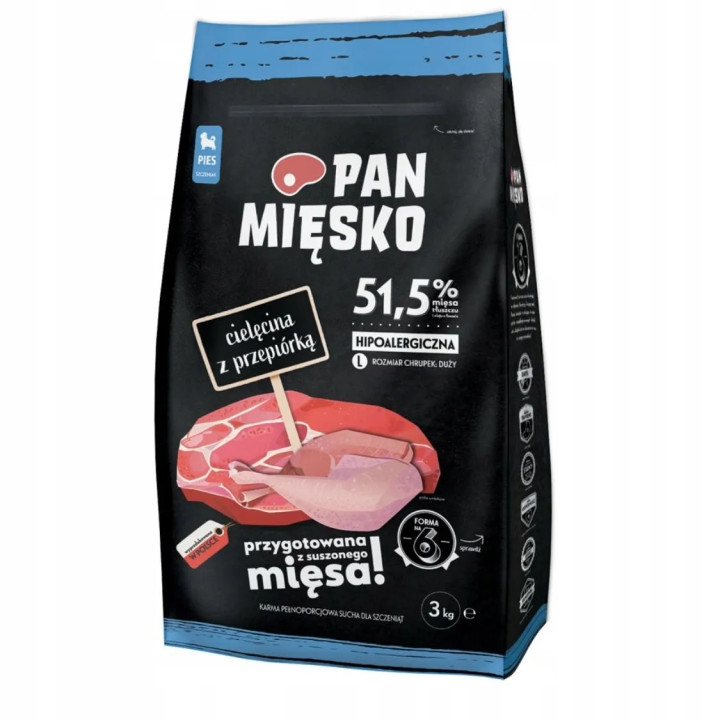 Sucha karma dla szczeniąt Pan Mięsko Cielęcina z Przepiórką chrupki L 3 kg