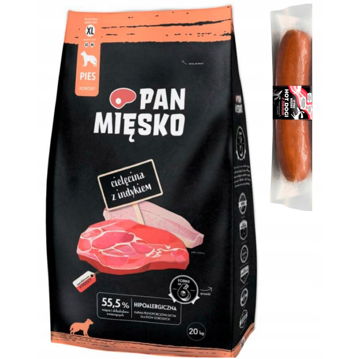 PETKING Zestaw Pan Mięsko Karma Cielęcina INDYK XL 20kg + PRZYSMAK HOT DOG