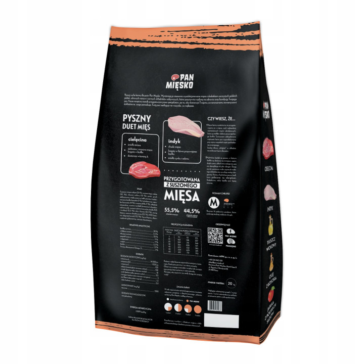 Pan Mięsko Karma sucha CIELĘCINA z Indykiem chrupki M 20kg hipoalergiczna