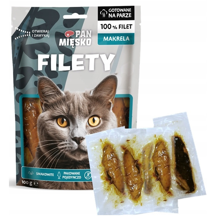 Pan Mięsko Smaczne Miękkie Przysmaki dla kota 100% Filety z Makreli 100g