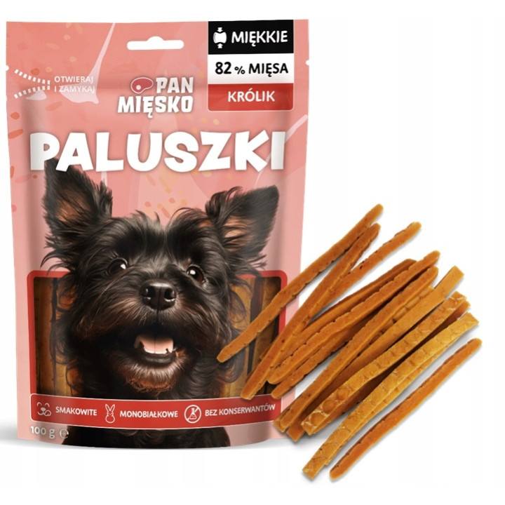 Pan Mięsko Smaczne Miekkie Mięsne Przysmaki dla psa PALUSZKI KRÓLIK 100g