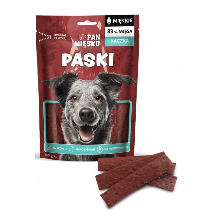 Pan Mięsko Smaczne Miekkie Mięsne Przysmaki dla psa PASKI z KACZKĄ 100g