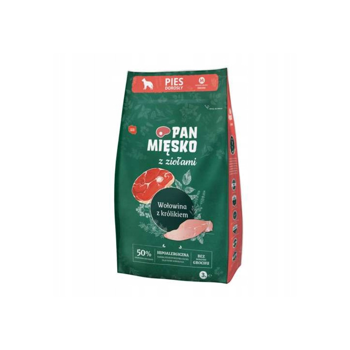 Pan Mięsko Karma sucha hipoalergiczna z Ziołami Wołowina z królikiem M 3kg