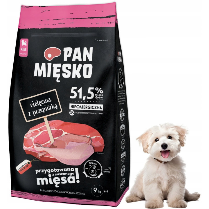 Pan Mięsko Karma sucha CIELĘCINA z PRZEPIÓRKĄ Małe rasy SZCZENIAK XS 9kg