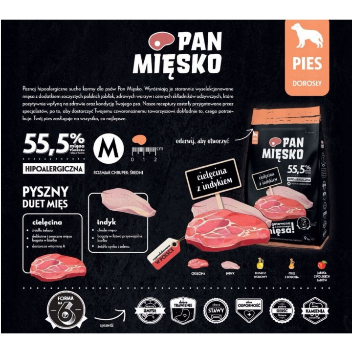 Pan Mięsko Karma sucha CIELĘCINA z Indykiem chrupki M 9kg hipoalergiczna