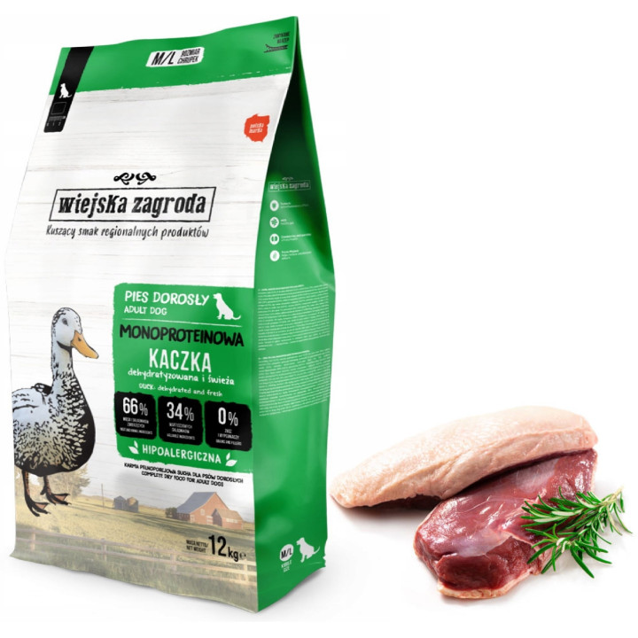 Wiejska Zagroda Sucha karma Monobiałkowa DUŻE średnie rasy KACZKA 12kg M/L