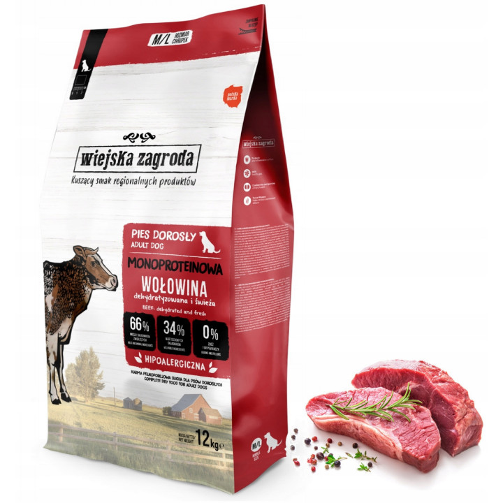 Wiejska Zagroda Sucha karma Monobiałkowa DUŻE średnie rasy WOŁOWINA 12kg