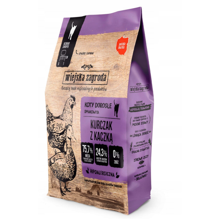 Wiejska Zagroda karma sucha dla kota KURCZAK z KACZKĄ 5 kg 76% mięsa
