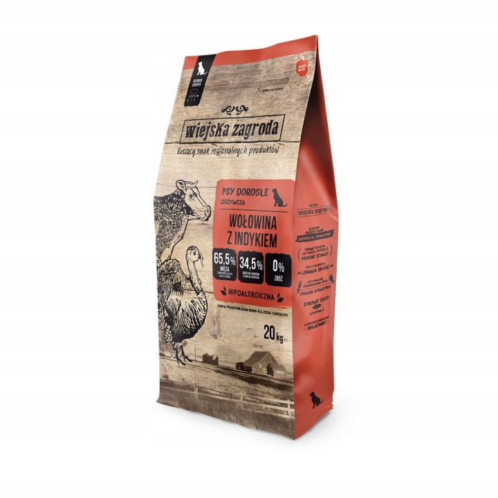 Wiejska Zagroda Sucha karma dla psa WOŁOWINA z INDYKIEM Duże rasy L 20 kg